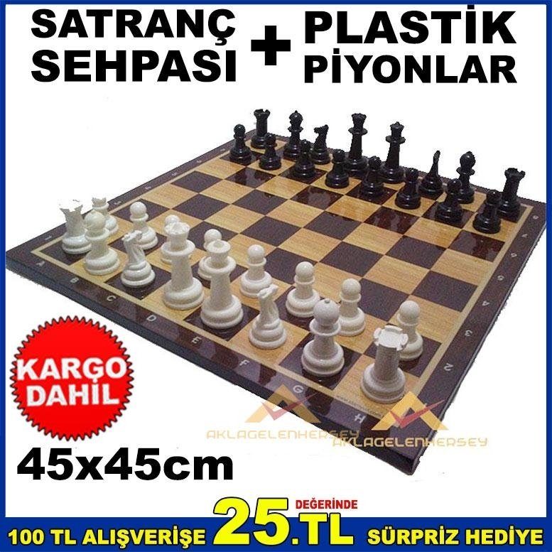 45x45 TURNUVA AHŞAP SATRANÇ TAKIMI SEHPASI VE PLASTİK PİYON TAKIM