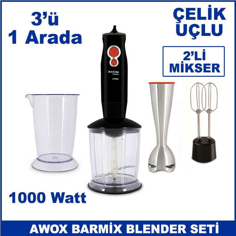 Awox Barmix 1000 Watt Çıkabilir Çelik Uçlu 3'lü Blender Seti 2'li Mikser 2 Yıl Garantili