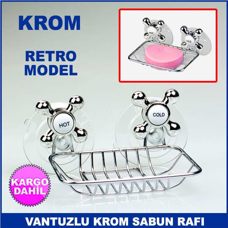 Paslanmaz Çelik Üzeri Krom Kaplama Retro Modeli Vantuzlu Sabun Rafı - Vakumlu Sabunluk - Süngerlik