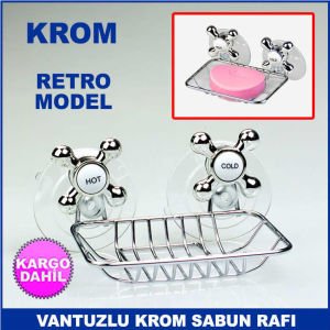 Paslanmaz Çelik Üzeri Krom Kaplama Retro Modeli Vantuzlu Sabun Rafı - Vakumlu Sabunluk - Süngerlik