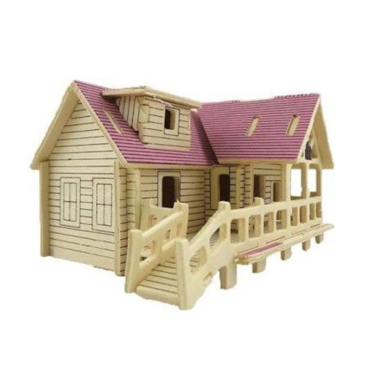 ER038 Eğitici 3D Mor Çatılı Ahşap Ev Maketi