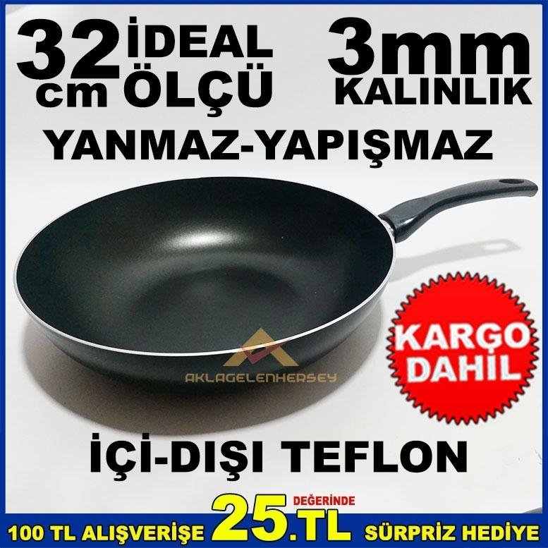 İÇ ve DIŞ YÜZEYİ TEFLON KAPLAMA 32cm WOK TAVA