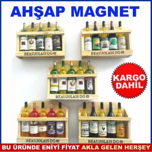 Buzdolabı Süsü Ahşap Sandık Raf İçinde 5 Adet Minyatür Şarap Şişeleri Mıknatıslı Minyatür Magnet