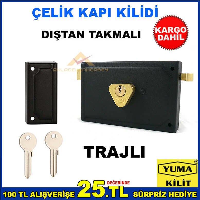 YumaYM-14K ÇELİK KAPI DIŞTAN TAKMA TRAJLI KİLİT, Tse garantili Bahçe,Apartman kapısı dış kapı kilidi
