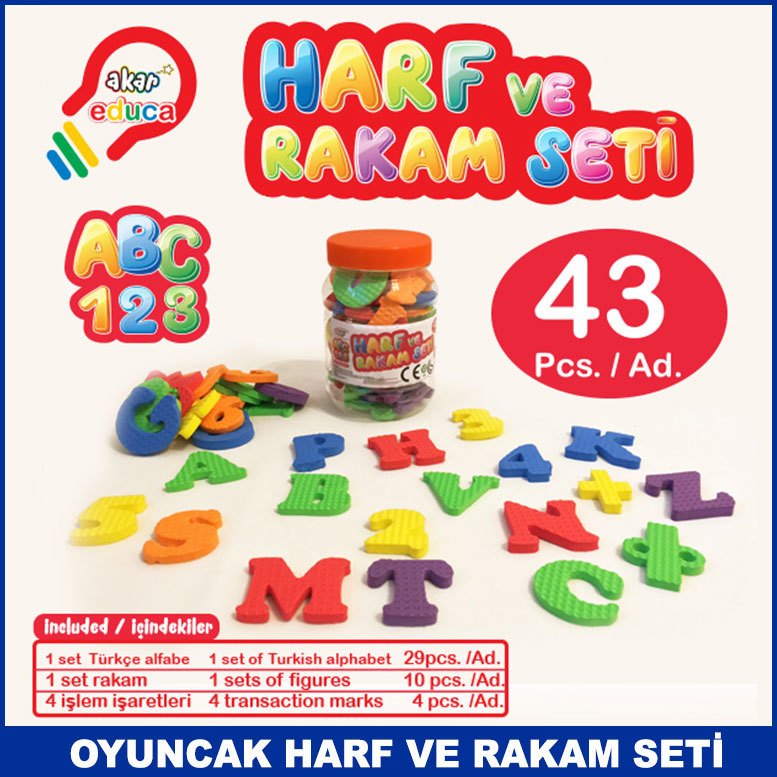 Çocuklar İçin 43 Parça Harf ve Rakam Seti - Eğitici ve Zeka Geliştirici Oyuncak Seti