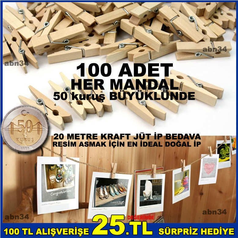 Boyasız 100 adet naturel mini ahşap mandal,evinizde kendi albümünüzü yapmak için 20mt ip hediye-2