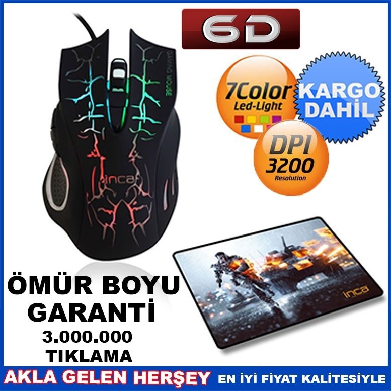 Kargo Dahil İNCA KABLOLU 3200 DPI OYUNCU MOUSE MOUSEPAD SETİ