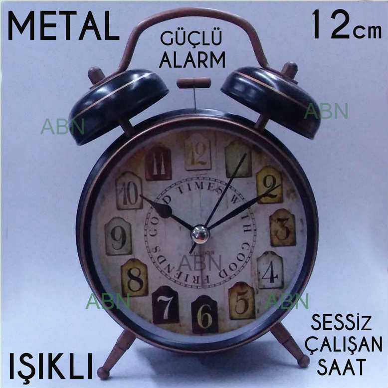 ANTİKA GÖRÜNÜM METAL GÖVDE ALARMLI RETRO SAAT 12cm ÇAPINDA IŞIKLI NOSTALJİK METAL ZİLLİ MASA SAATİ