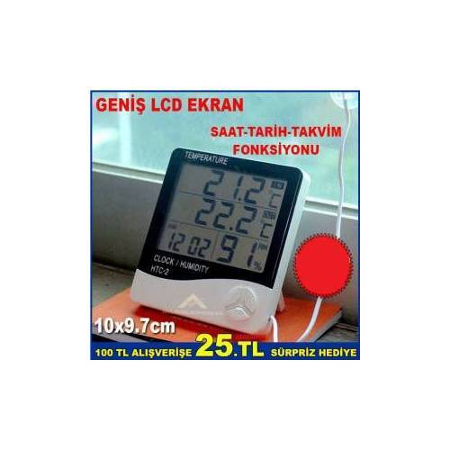 İÇ ve DIŞ MEKAN ISIYLA NEM ÖLÇER DİJİTAL TERMOMETRE ÇOK FONKSİYONLU GENİŞ EKRAN SAAT,TARİH-TAKVİMLİ