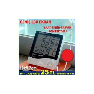 İÇ ve DIŞ MEKAN ISIYLA NEM ÖLÇER DİJİTAL TERMOMETRE ÇOK FONKSİYONLU GENİŞ EKRAN SAAT,TARİH-TAKVİMLİ