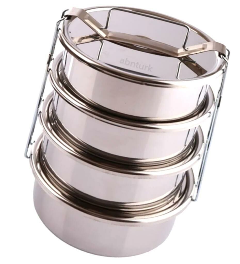 3 LT Paslanmaz Çelik 4lü Sefer Tası 2-4 Kişilik Yemek Taşıma Kabı 750ml Isıtılabilir 4 Kap 15x24cm