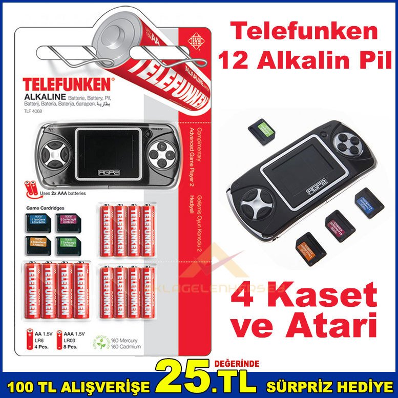 Telefunken 12adet Alkalin Pil 4adet AA + 8adet AAA Kalem Pil ve 4 Oyun Kasetli El Atarisi Hediye