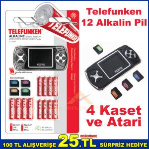 Telefunken 12adet Alkalin Pil 4adet AA + 8adet AAA Kalem Pil ve 4 Oyun Kasetli El Atarisi Hediye