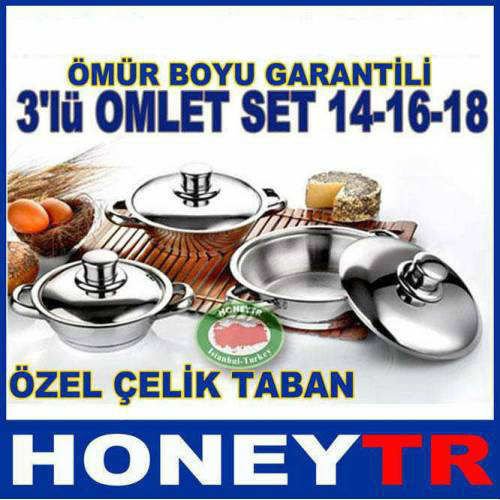 ÖZEL KAPSÜL TABANLI 3lü PASLANMAZ ÇELİK OMLET TAVA SETİ 14-16-18cm,YEMEK ISITMA,3lü OMLET SAHAN SETİ