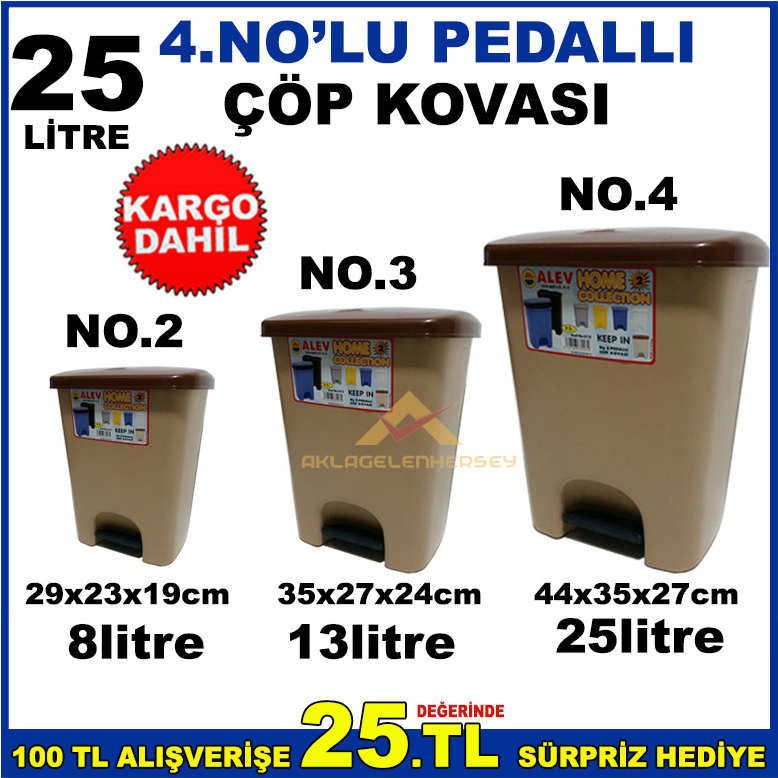 25 LİTRE PEDALLI KALİTELİ PLASTİK ÇÖP KOVASI NO.4 44x35x27cm -1