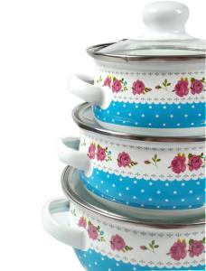 Cam Kapaklı Emaye Tencere Seti 3'lü Set Mavi Desenli Mini Emaye Tencere