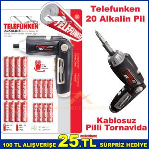 Telefunken 20adet Alkalin Pil 12adet AA + 8adet AAA Kalem Pil ve Pilli Kablosuz Tornavida Hediye