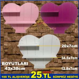 43x38cm Boyutlarında Her Ortama Uyumlu Kalpli Tasarımlı 3 Raflı Dekoratif Kalpli Duvar Rafı