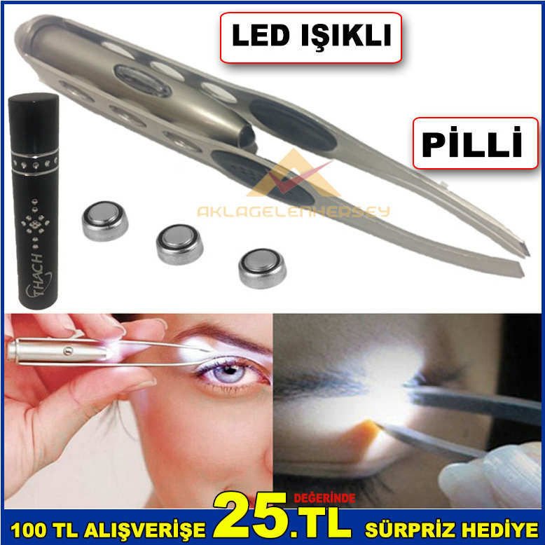 PASLANMAZ ÇELİKTEN YAPILMA KİRPİK-KAŞ DÜZELTME PİLLİ HİJYENİK KULLANIMLI LED IŞIKLI CIMBIZ