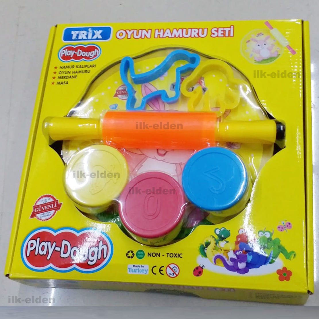 Trix Play Dough T-510 masalı,merdaneli,kalıplı oyun hamuru seti,3 renk hamur,2 kalıp,masa ve merdane