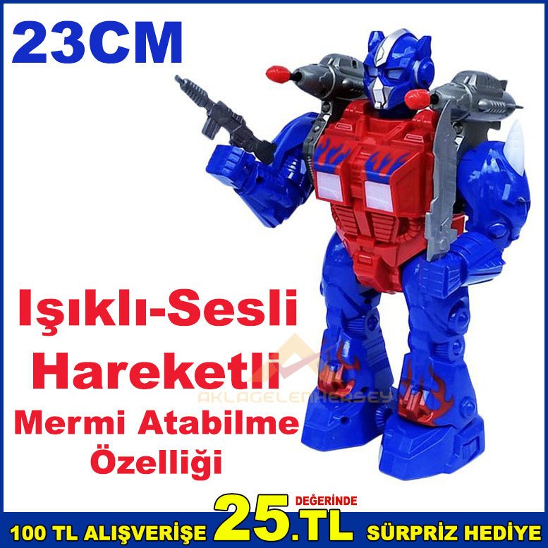 23cm Büyük Boy Hareketli ışıklı Sesli Mermi Fırlatan Oyuncak Robot Transformer Savaş Robotu