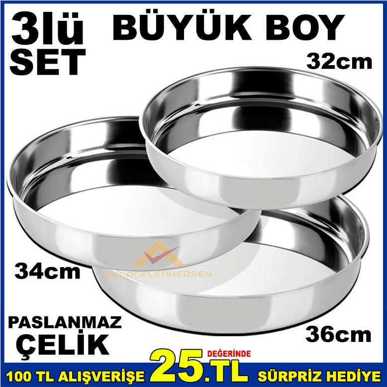 Büyük boy çelik fırın tepsileri baklava,börek,fırın yemekleri için 32-34-36cm 3 adet paslanmaz set
