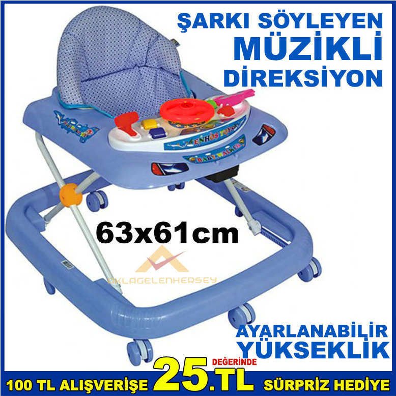 AYARLANABİLİR AYAKLI DİREKSİYONLU ŞARKI SÖYLEYEN ve MÜZİKLİ YÜRÜMEYİ ÖĞRETEN YÜRÜTEÇ MAVİ