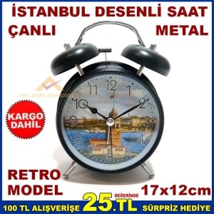 İSTANBUL RESİMLİ METALGÖVDELİ ALARMLI MASA SAATİ