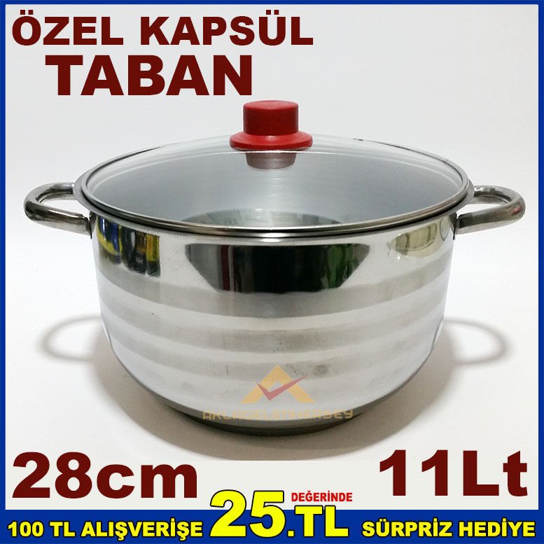 28cm İNDÜKSİYON KAPSÜL TABANLI CAM KAPAKLI PASLANMAZ ÇELİK DERİN TENCERE