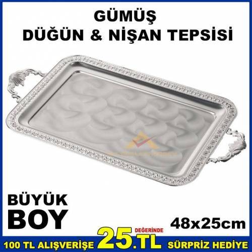 48x25cm Büyük Boy Kare Model Gümüş Nişan Tepsisi