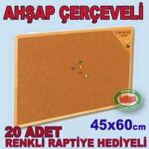 Ahşap Çerçeveli Mantar Pano 20 Adet Renkli Raptiye Hediyeli 45x60cm Duvara Monte Mantar Pano