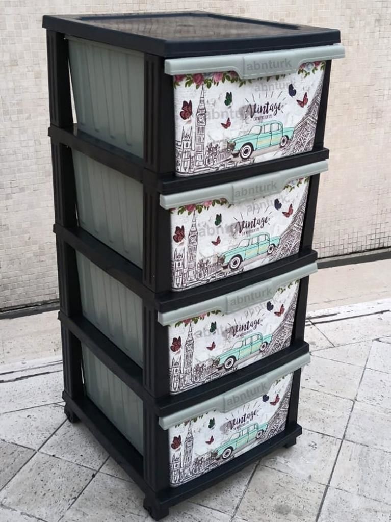 BüyükBoy 4 Çekmeceli Komidin Vintage Desenli Nostalji Seri=Tablo Paris Londra Antika Araba Çizgiler