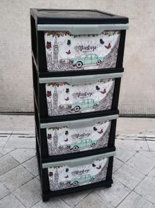 BüyükBoy 4 Çekmeceli Komidin Vintage Desenli Nostalji Seri=Tablo Paris Londra Antika Araba Çizgiler