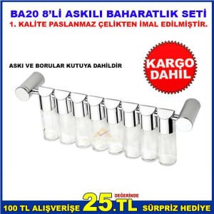 ULTRA LÜKS DUVARA MONTE ASKILI PASLANMAZ ÇELİK METAL TİJ ÜZERİNDE SIRALI 8li SET CAM BAHARATLIK