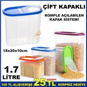 En sağlıklı ve hijyenik şeffaf gıda saklama kabı 1.7 LİTRE ÇİFT KAPAKLI KİLER SAKLAMA ERZAK KUTUSU