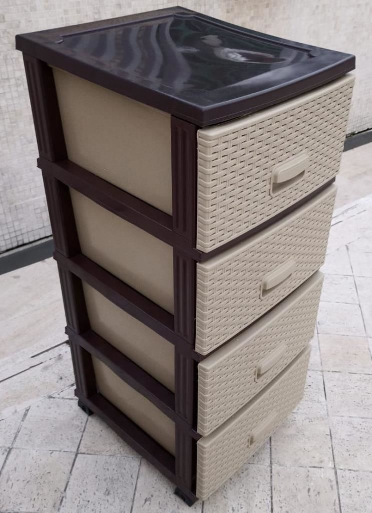 Büyük Boy 4 Çekmece Komidin Bej-Krem Raddan Görünümlü Çekmeceli Hasır Dolap Erzak Çamaşır Rafları