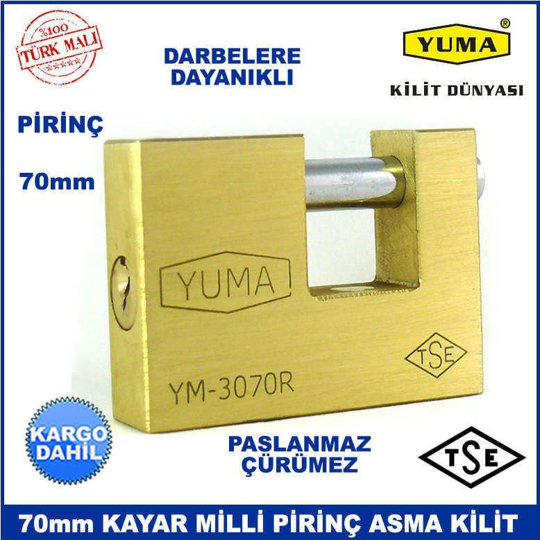 Darbelere Dayanıklı TSE Garantili Paslanmaz, Çürümez Kayar Milli 70mm Pirinç Asma Kilit