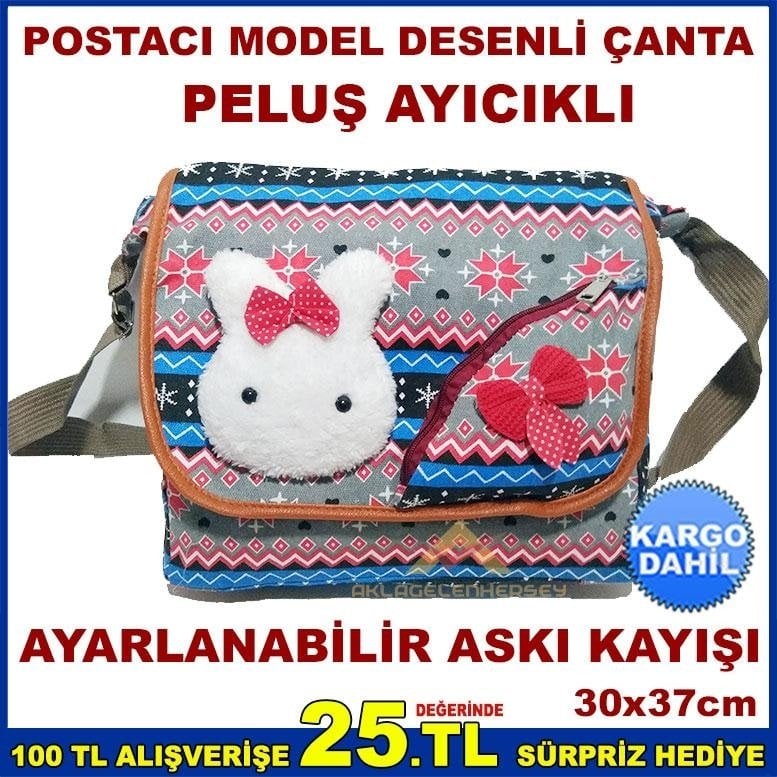 POSTACI MODEL PELUŞ AYICIKLI GENÇ BAYAN OMUZ ÇANTASI