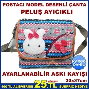 POSTACI MODEL PELUŞ AYICIKLI GENÇ BAYAN OMUZ ÇANTASI