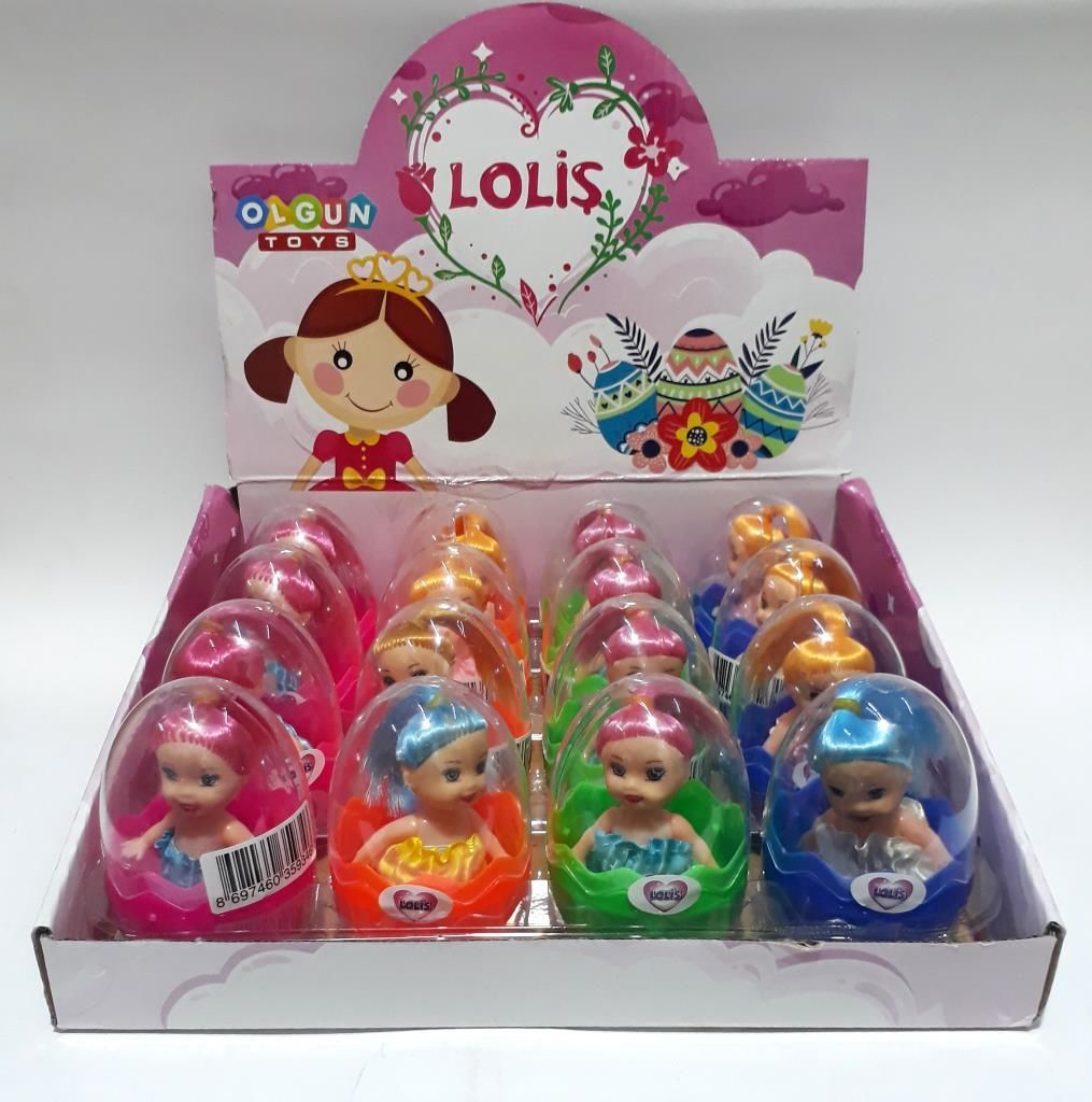 Renkli Saçlı Mini Etekli Loliş Bebek İçeren Şeffaf Kapaklı Yumurta Kumbara 8cm Boyunda 5cm Çapında