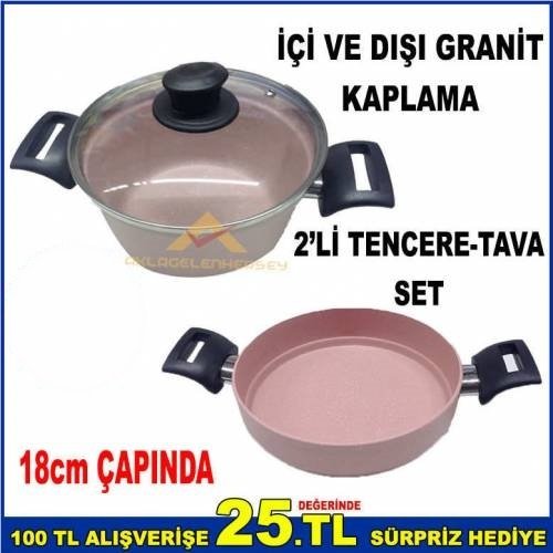 18cm Çapında Döküm Alüminyum İçi Ve Dışı Granit Kaplama Cam Kapaklı 2'li Tencere-Tava Set