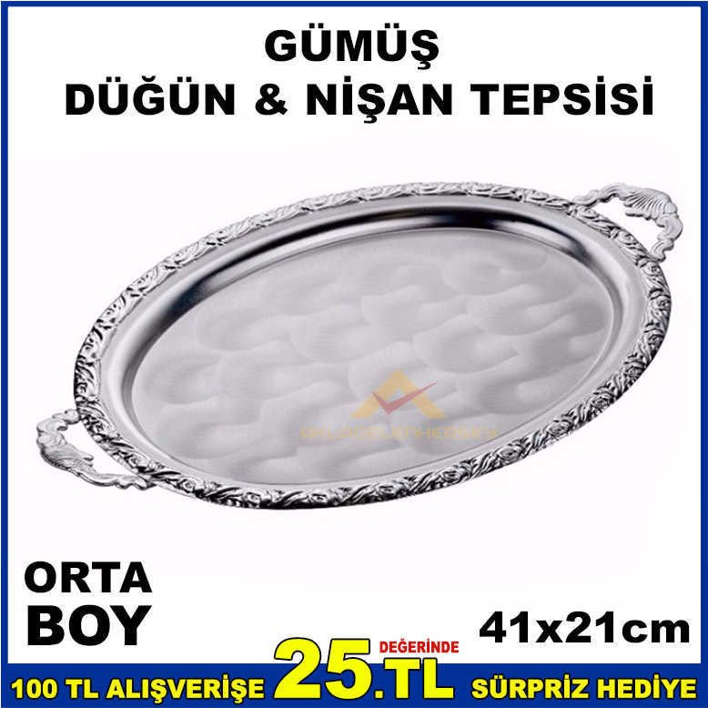 41x21cm ORTA BOY OVAL MODEL GÜMÜŞ NİŞAN TEPSİSİ