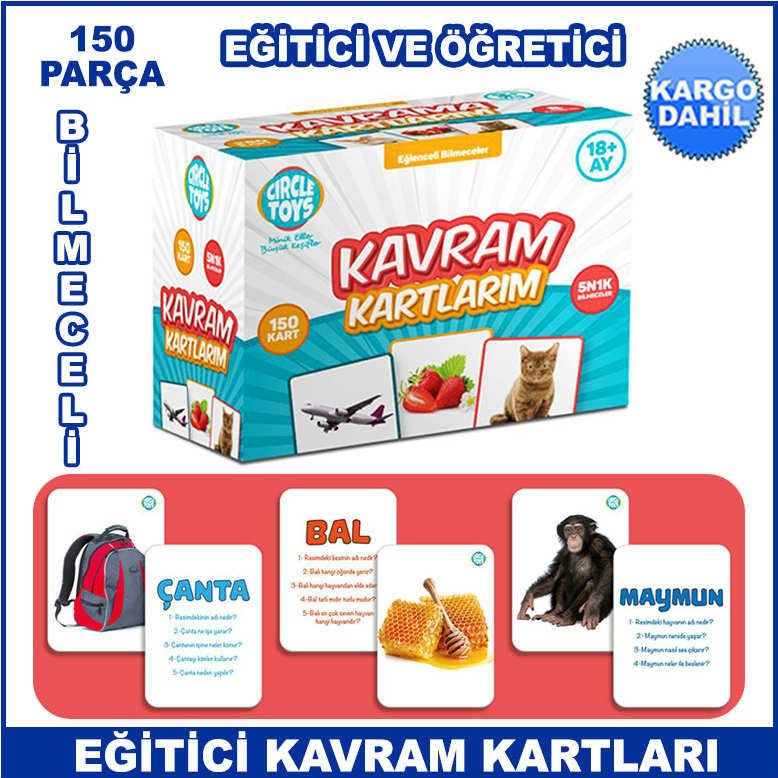 150 Parça Eğitici, Öğretici ve Zeka Geliştirici Kavram Kartları - Bilmeceli Zeka Kartları