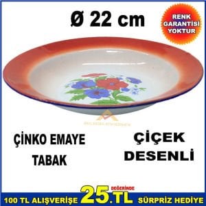 Emaye yemek tabağı çinko kaplama ø22cm emaye tabak iç yüzeyi çiçek desenli çinko kaplama metal tabak