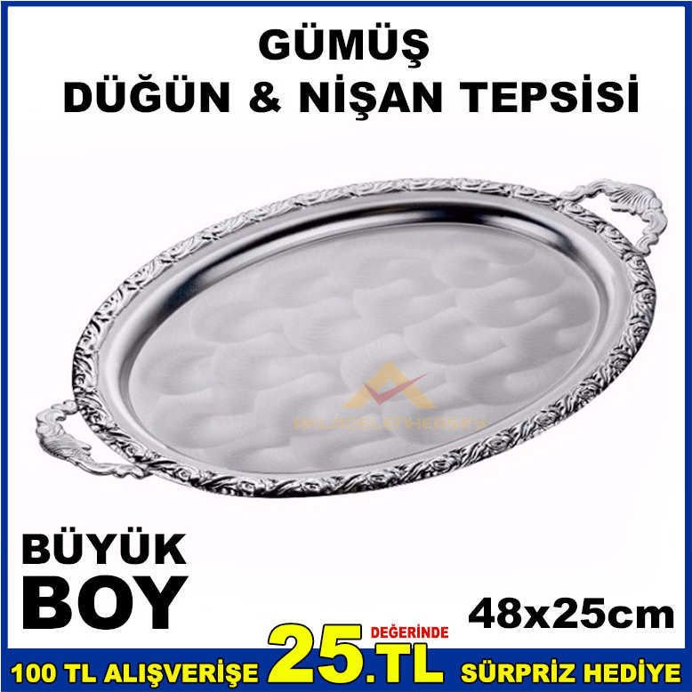 48x25cm BÜYÜK BOY OVAL MODEL GÜMÜŞ NİŞAN TEPSİSİ
