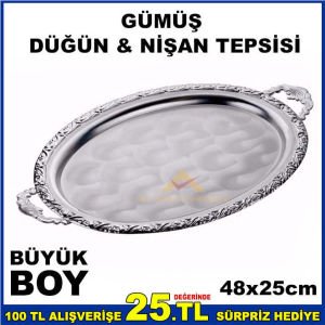 48x25cm BÜYÜK BOY OVAL MODEL GÜMÜŞ NİŞAN TEPSİSİ