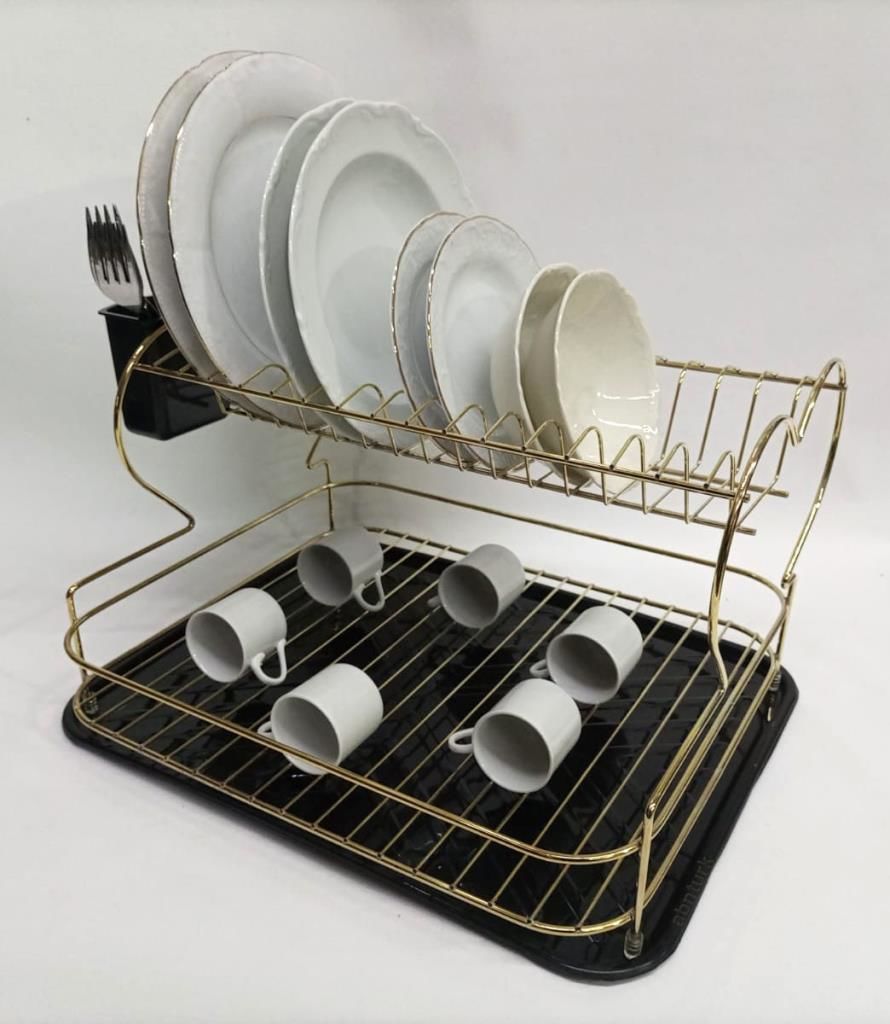 Gold Bulaşık Sepeti Altın Kaplama Kalp Dizayn Bulaşıklık Tabaklık 2 Katlı Paslanmaz Metal Lüks Stand