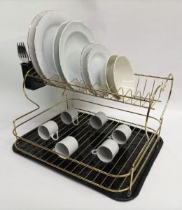 Gold Bulaşık Sepeti Altın Kaplama Kalp Dizayn Bulaşıklık Tabaklık 2 Katlı Paslanmaz Metal Lüks Stand