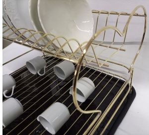 Gold Bulaşık Sepeti Altın Kaplama Kalp Dizayn Bulaşıklık Tabaklık 2 Katlı Paslanmaz Metal Lüks Stand