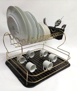 Gold Bulaşık Sepeti Altın Kaplama Kalp Dizayn Bulaşıklık Tabaklık 2 Katlı Paslanmaz Metal Lüks Stand